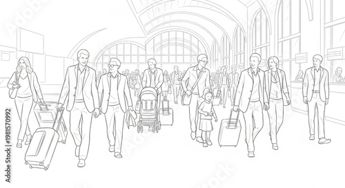 Line Art Depicting a Crowd of People in an Airport Terminal.