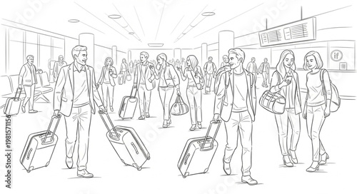 Line Art Depicting Travelers with Luggage in a Busy Airport Terminal.