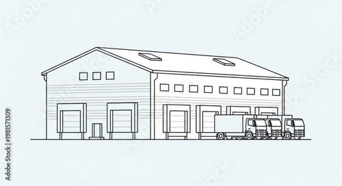 Line Art Depiction of a Modern Warehouse and Delivery Trucks.