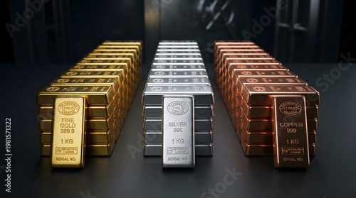 Gold Silver and Copper Ingots Stacked in Rows on Dark Background