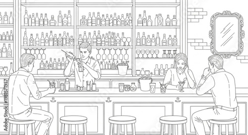 Line Art Depiction of Patrons at a Classic Bar.