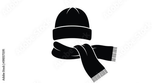 Black silhouette of a winter beanie and wrapped scarf illustration
