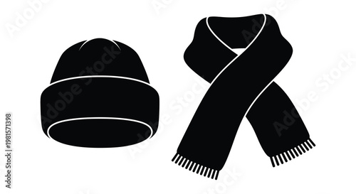 Black and white illustration of a winter beanie and a long scarf