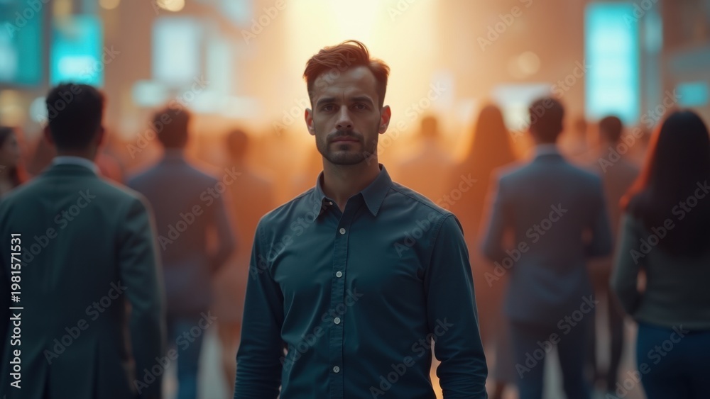 Naklejka premium isolated man in blurred city crowd