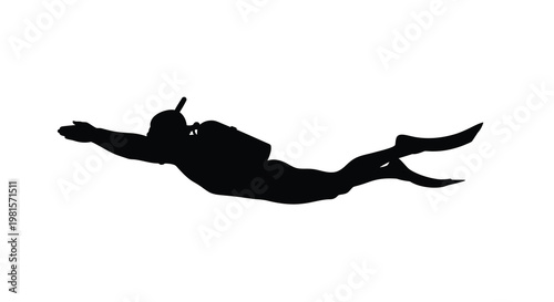 Silhouette of a scuba diver swimming gracefully underwater in a dark tone