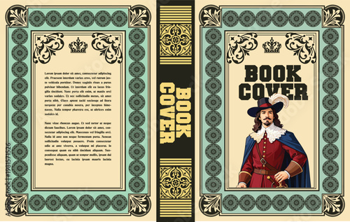 078-25-Historical design showing a musketeer on a book cover with decorative borders