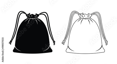 Two drawstring bags in contrasting black and white line art styles