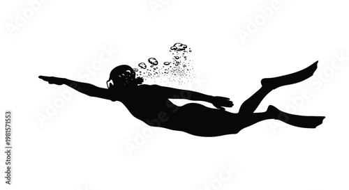 Silhouette of a scuba diver swimming underwater with bubbles rising