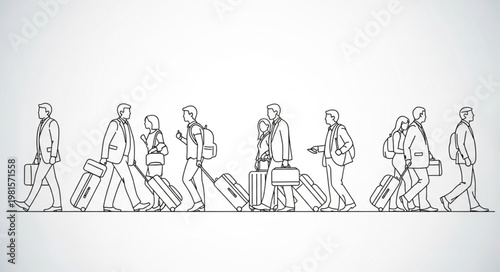 Line art depiction of travelers with luggage in transit.