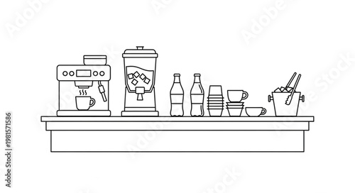Line Art Illustration of a Bar Counter with Beverages and Equipment.