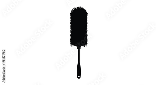 A black silhouette of a long handled dusting brush against white