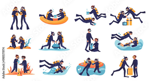 Scuba Divers Helping Each Other in Various Rescue and Training Scenarios