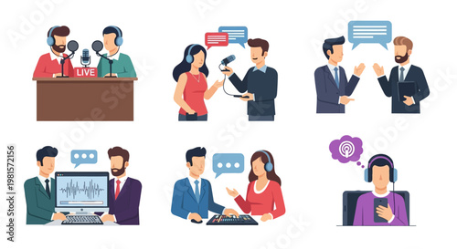 Podcast recording, interview, broadcast, communication, discussion, online radio, studio