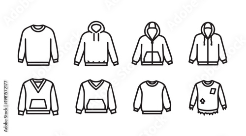 Diverse collection of casual tops and hoodies in a clean line art style