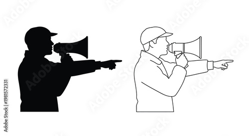 Man with a megaphone communicating and pointing shown in dual outlines