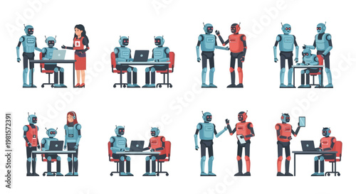 Robots and humans collaborate in modern office settings, teamwork and innovation