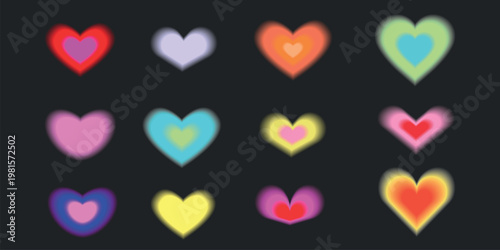 Colorful glowing hearts on a dark background. Each heart radiates a soft glow. Bright, vibrant, and luminous hearts create a cheerful, romantic vibe. Cute glowing element set vector.