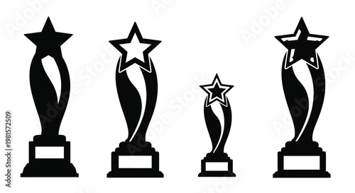 Four black and white star shaped trophies on a white background