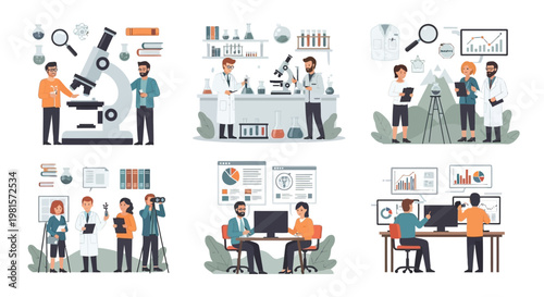 Scientists collaborating in modern laboratory, research, data analysis, technology, teamwork