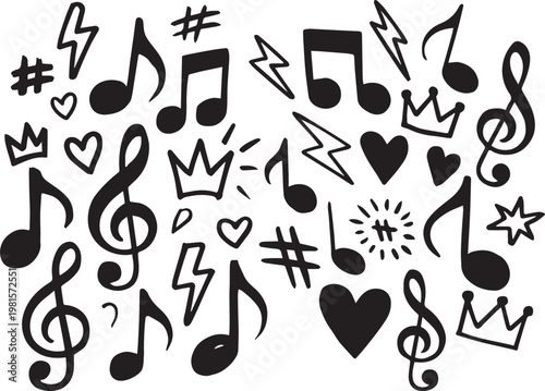 Hand drawn music notes hearts lightning bolts crowns and hashtags in black on transparent background.