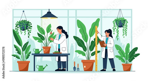 Scientists in greenhouse studying plants: growth, research, botany, agriculture, science, nature