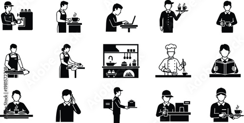 Food service and hospitality icon set: chefs waiters coffee shop symbols taking order black and white hospitality