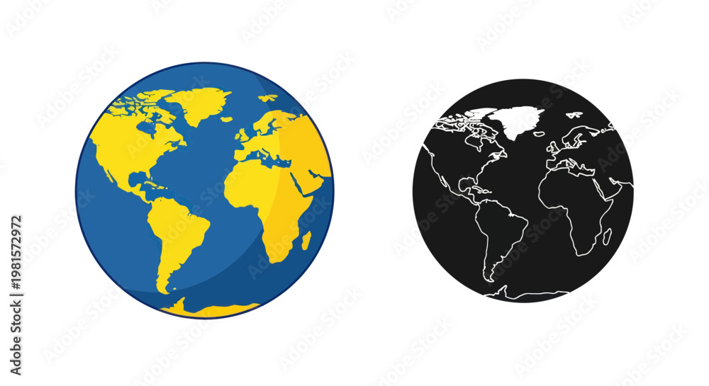 Obraz premium Two Globes: Colorful Earth and Black Silhouette World Map Comparison