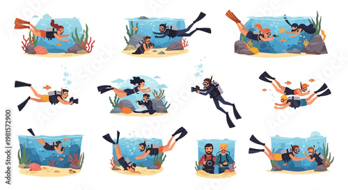 Scuba Divers Exploring Underwater World with Coral Reefs and Fish