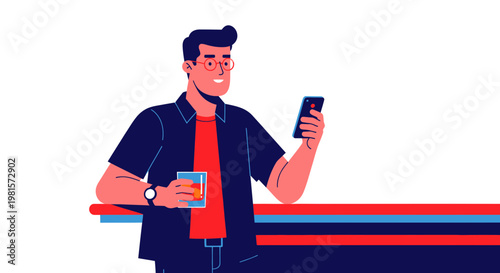 Man with smartphone and drink at bar, modern flat illustration