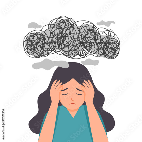 Woman depression. Brain fog concept. Female person with sad face feeling depressed with dark cloud hanging above head vector illustration.