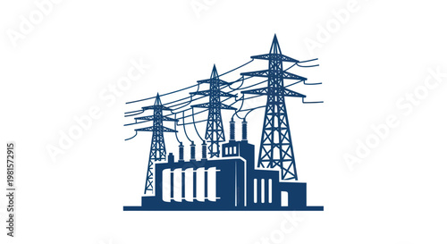 Power station with high voltage transmission towers and power lines, blue graphic illustration