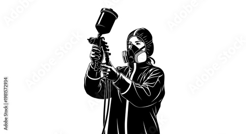 Professional painter in protective suit and mask spraying with paint gun, isolated on white