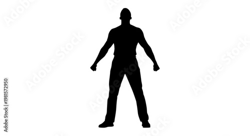 Silhouette of a strong man standing with arms outstretched, representing power and determination.