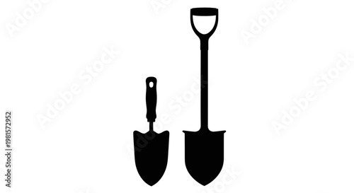 Two Black Silhouetted Garden Shovels, Small and Large, Isolated on White Background