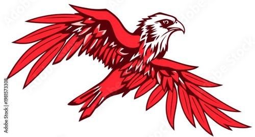 Vector illustration of a wild eagle bird of prey with a red ribbon and bird of paradise wings featuring a black hawk head and predator feathers for a flying animal tattoo design