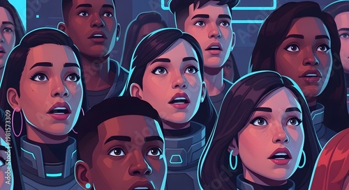 Diverse Group of People in Futuristic Space Setting