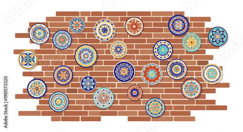 A diverse collection of colorful ceramic plates featuring intricate Mediterranean and floral patterns is meticulously arranged across a rustic brown brick wall surface.