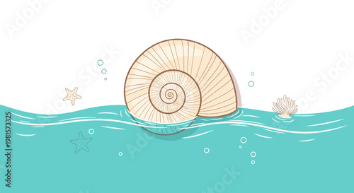 A large spiral seashell floats gracefully on the surface of turquoise ocean water accompanied by small starfish and delicate underwater bubbles and coral.