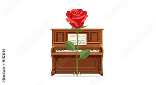 A classic brown wooden upright piano with open sheet music stands elegantly behind a single long-stemmed red rose with lush green leaves and thorns.