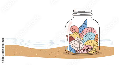 A clear glass jar filled with assorted pastel seashells rests upon a golden sandy beach under a bright sky with stylized ocean waves in a calm setting.
