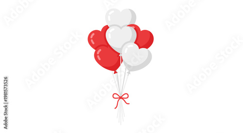 A charming bundle of glossy red and white heart-shaped balloons is tied together with a dainty red ribbon against a pure white studio background.