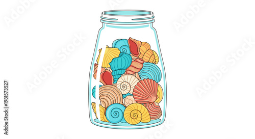 A meticulous collection of vibrant teal and orange seashells fills a transparent glass jar positioned centrally against a stark white minimalist background.