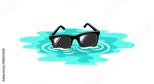 A pair of classic black-framed sunglasses floats on the surface of bright blue water creating gentle ripples under a clean and bright studio lighting setup.