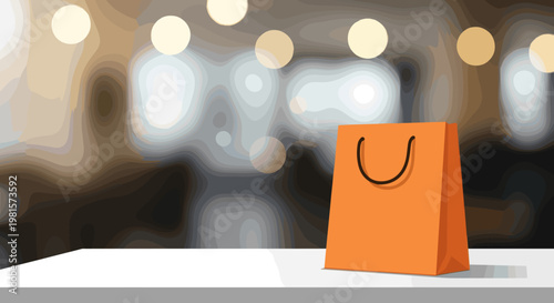 A stylish orange shopping bag with black cord handles rests on a sleek white tabletop against a warm and inviting blurred interior bokeh background.