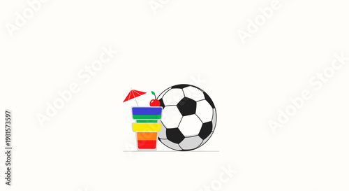 A vibrant layered cocktail glass featuring a red umbrella and cherry sits beside a classic black and white soccer ball on a clean and bright white background.