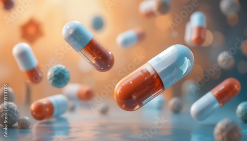 Colorful capsules and spheres floating in the air on a blurred background with orange and blue hues and bokeh effect