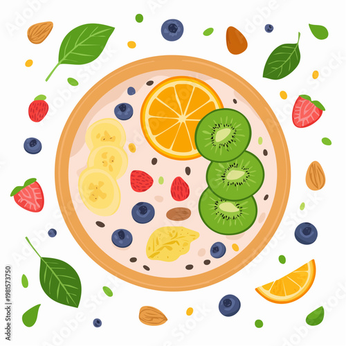 Healthy Breakfast Smoothie Bowl with Kiwi Banana and Berries Vector Illustration