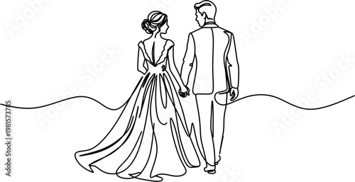 Continuous one-line drawing of bride and groom walking away holding hands, wedding concept