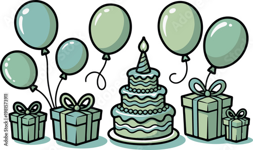 Light green birthday cake balloons and gift boxes illustration festive cartoon style.