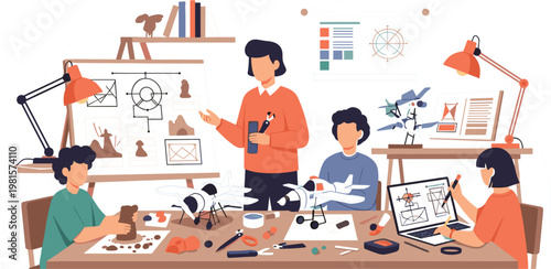 Creative Design Workshop Scene with Team Working on Product Prototypes, Engineering Models, and Industrial Design Projects in Modern Studio Environment